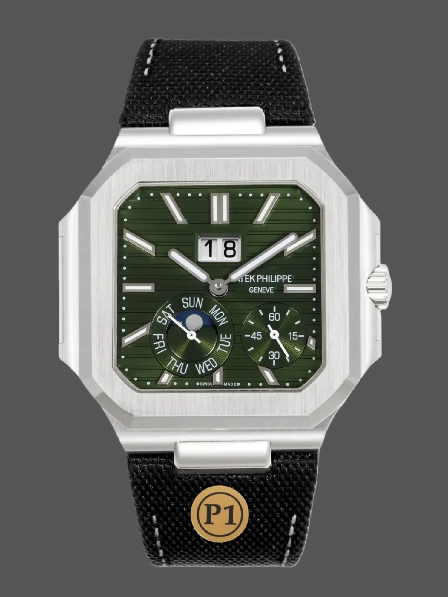 Front view of Patek Philippe 5822P showing green dial and dual subdials.