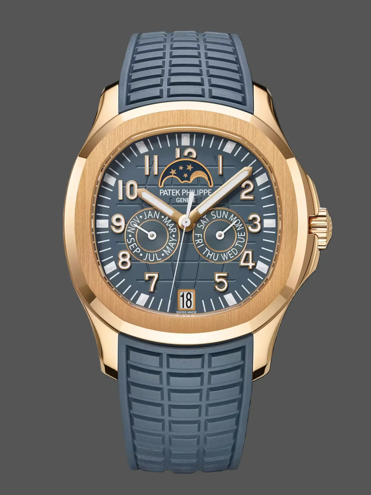 Front view of Patek Philippe 5261R-001 replica showing blue dial and moonphase.