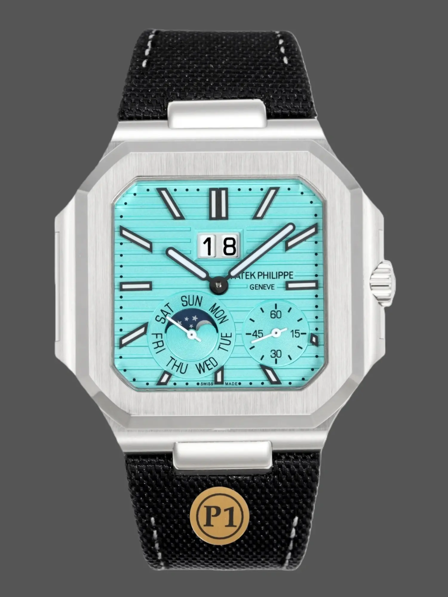 Front view of Patek Philippe 5822P replica showing Tiffany blue dial and complications.