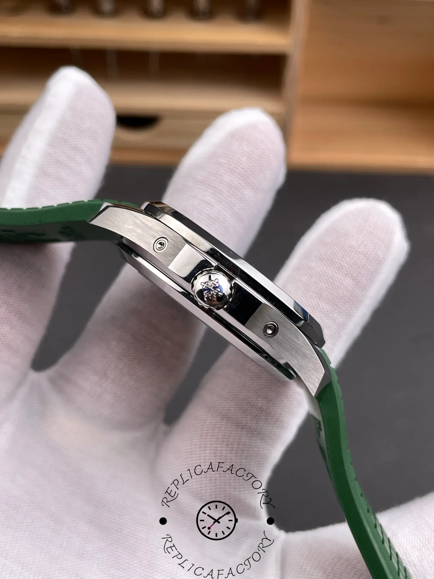 Crown-side view of the Patek Philippe 5261R replica featuring the Calatrava emblem.