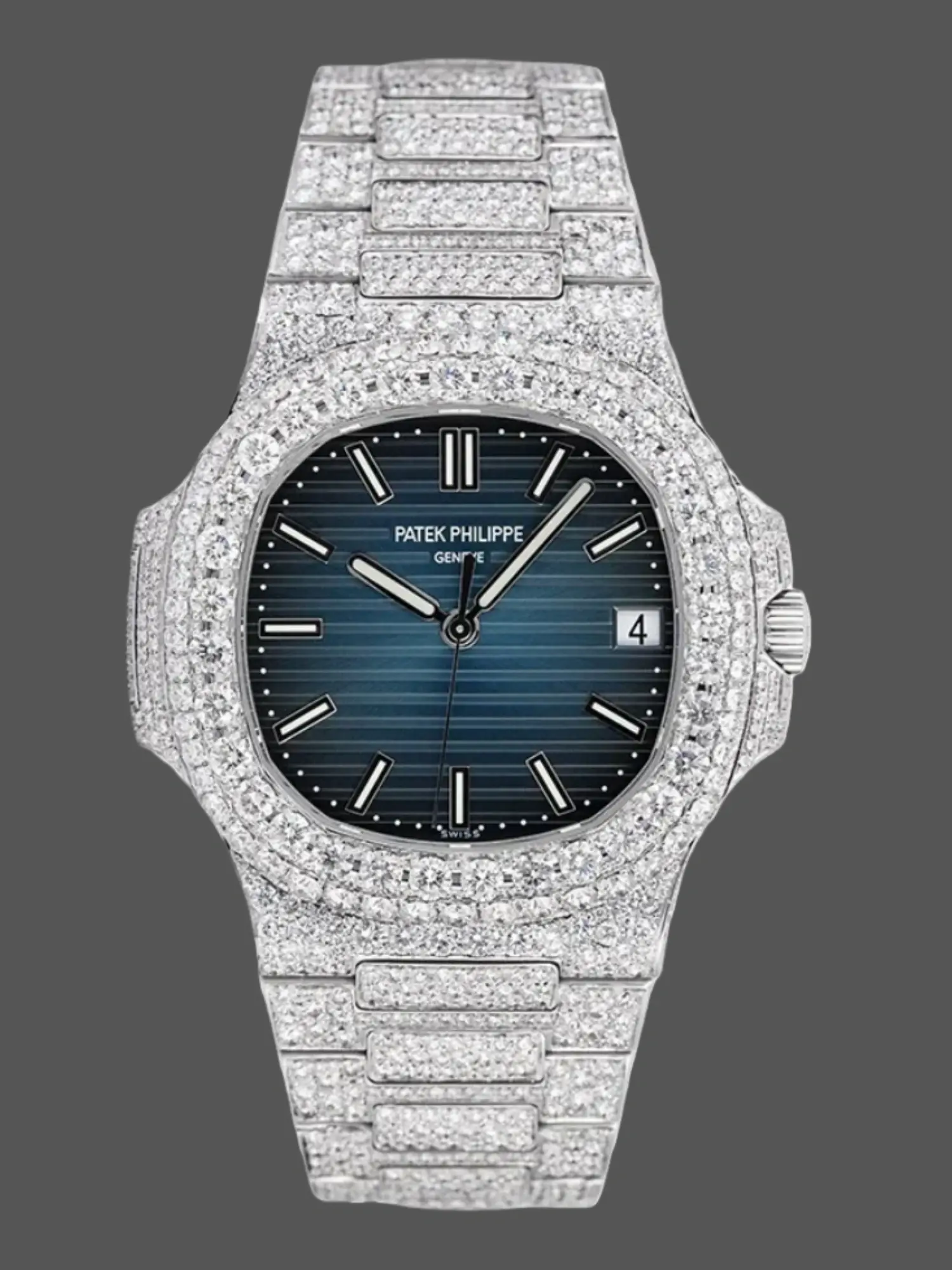 Front view of Nautilus 5711 Custom Micro-Diamond Blue Dial replica watch with full paved case.