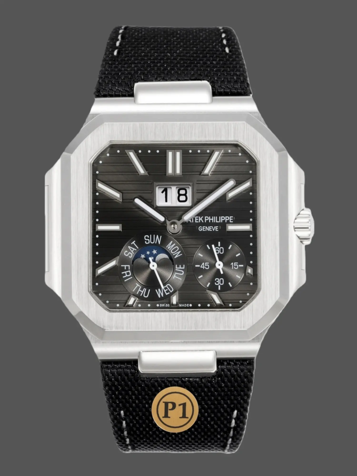 Front view of Patek Philippe 5822P showing grey dial, dual subdials, and large date window.