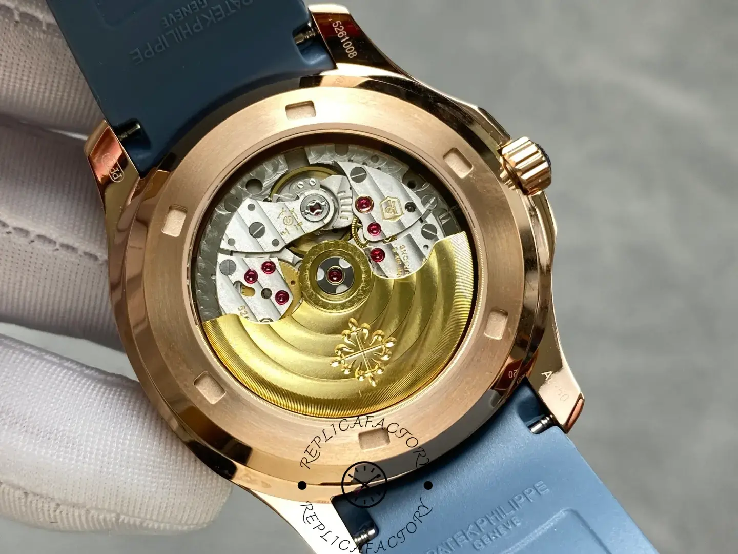 Exhibition back of Patek Philippe 5261R-001 replica showing automatic movement.