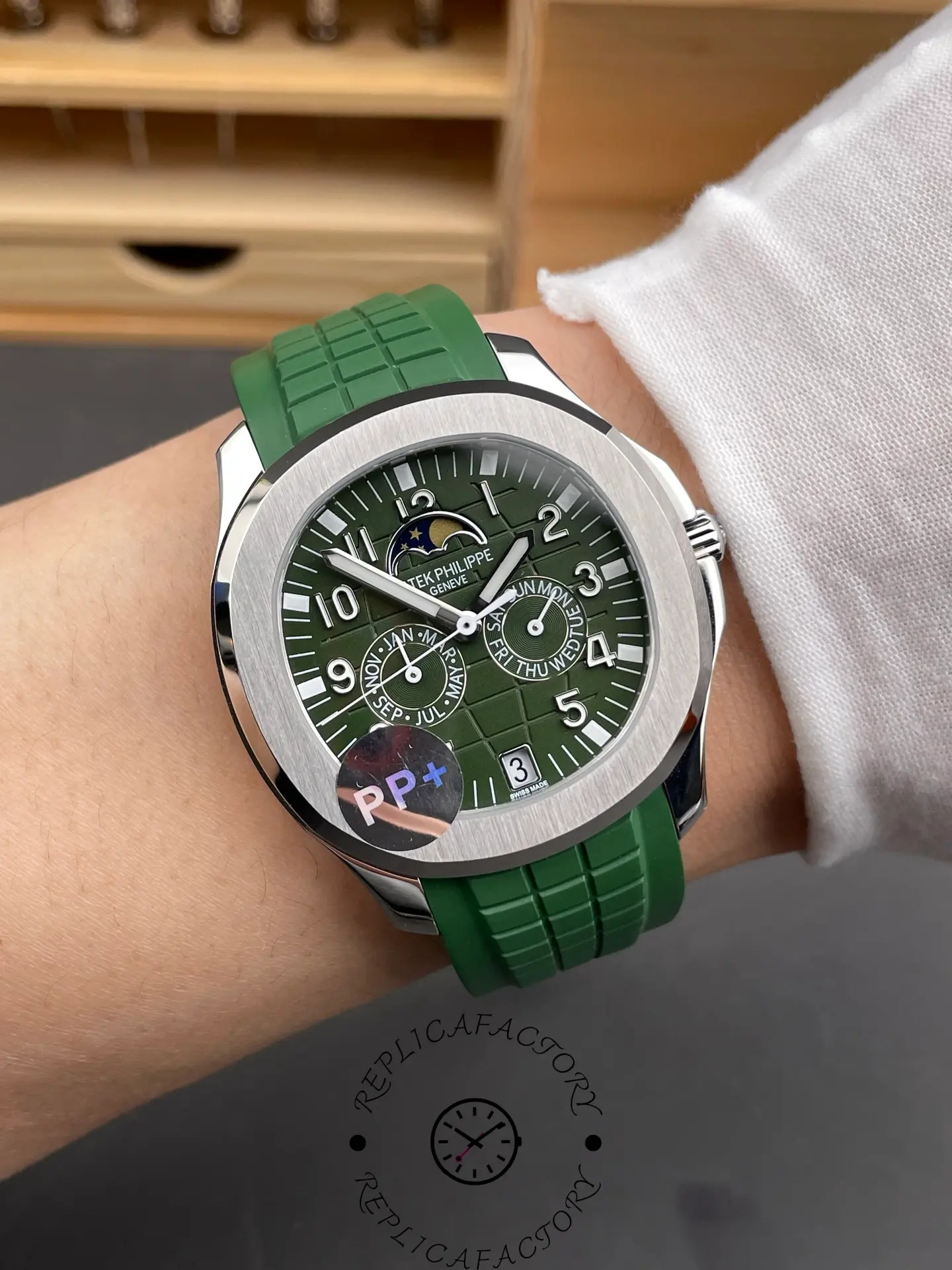 Wrist shot of the Patek Philippe 5261R replica showing fit and dial clarity.