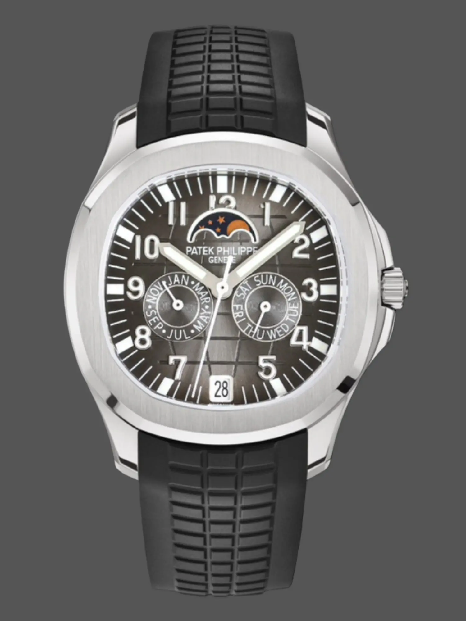 Front view of the Patek Philippe Aquanaut 5261R replica with moonphase and black dial.