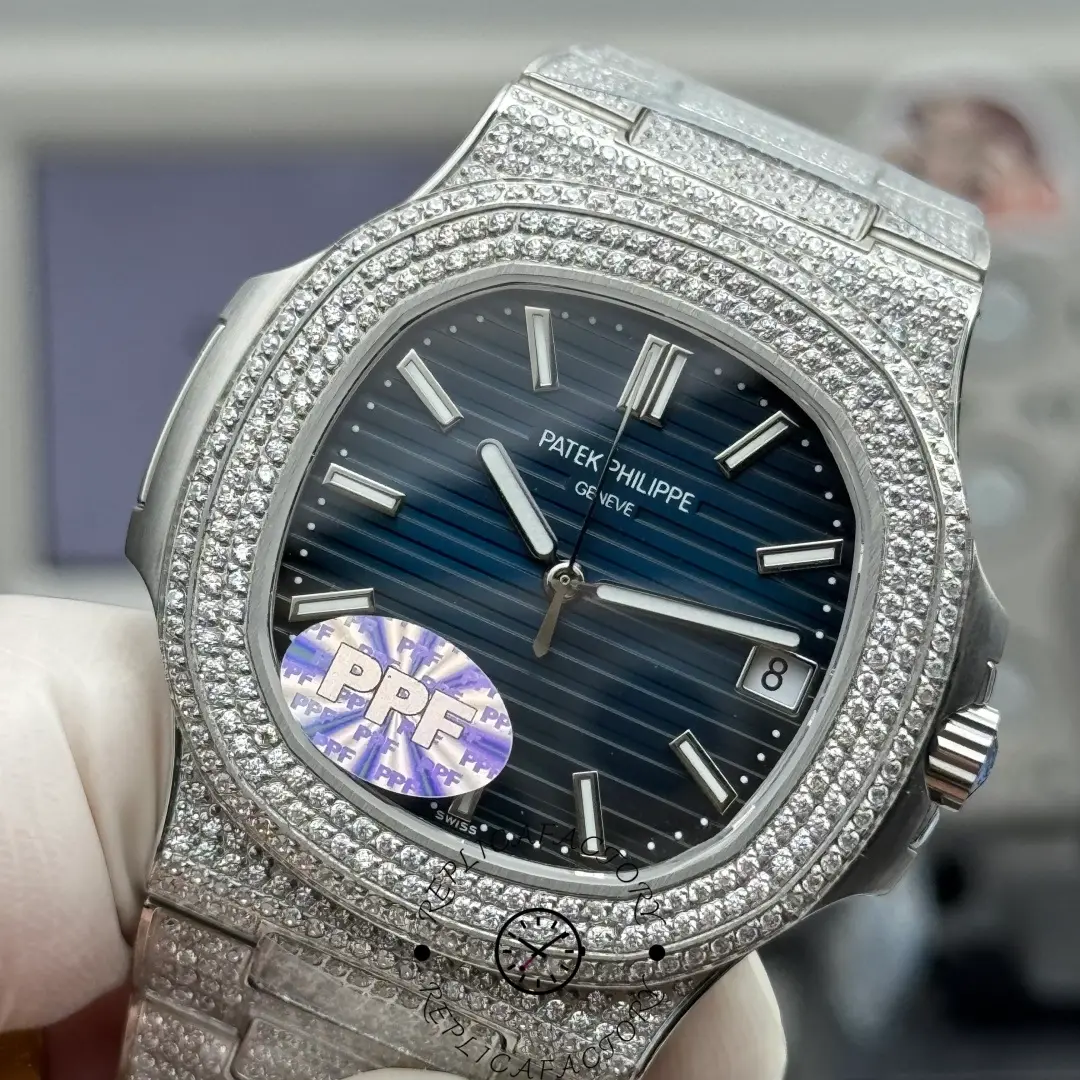 Close view of Nautilus 5711 Custom Micro-Diamond Blue Dial replica detailing bezel and markers.