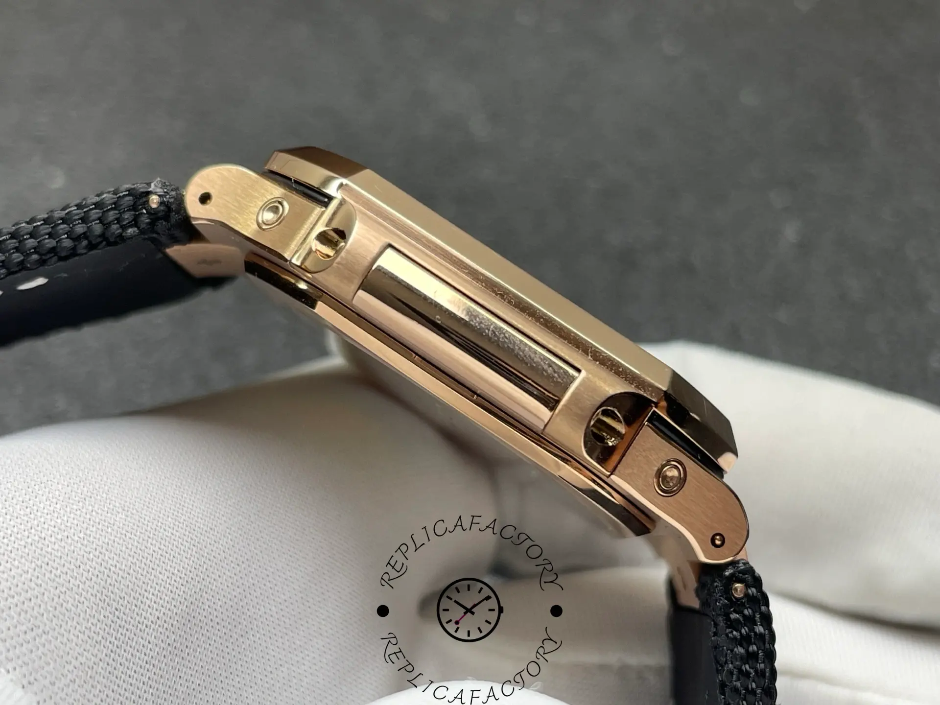 Side-profile shot of Patek Philippe 5822R replica featuring case structure.