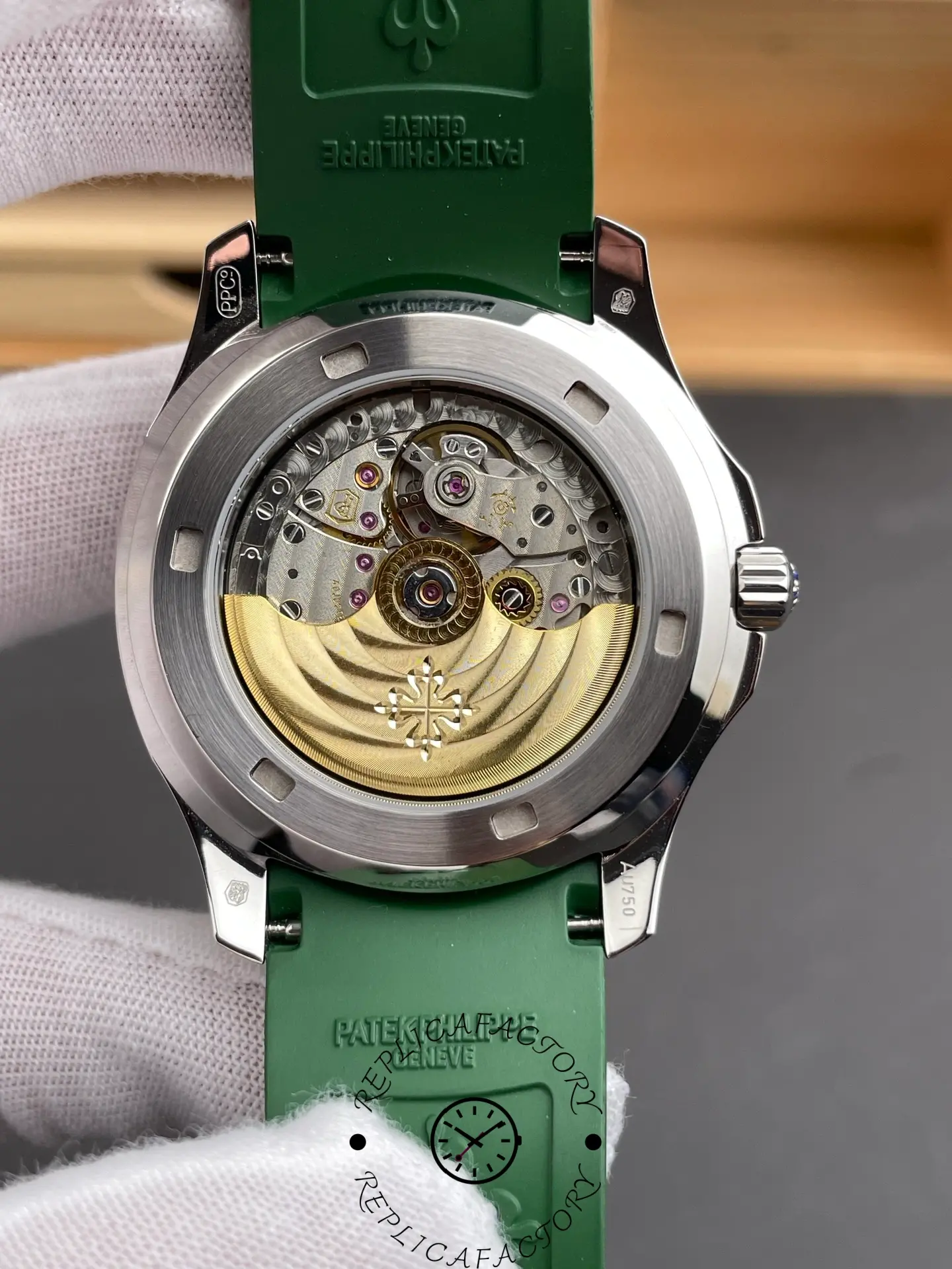 Exhibition caseback of the Patek Philippe 5261R replica showing the rotor and movement.