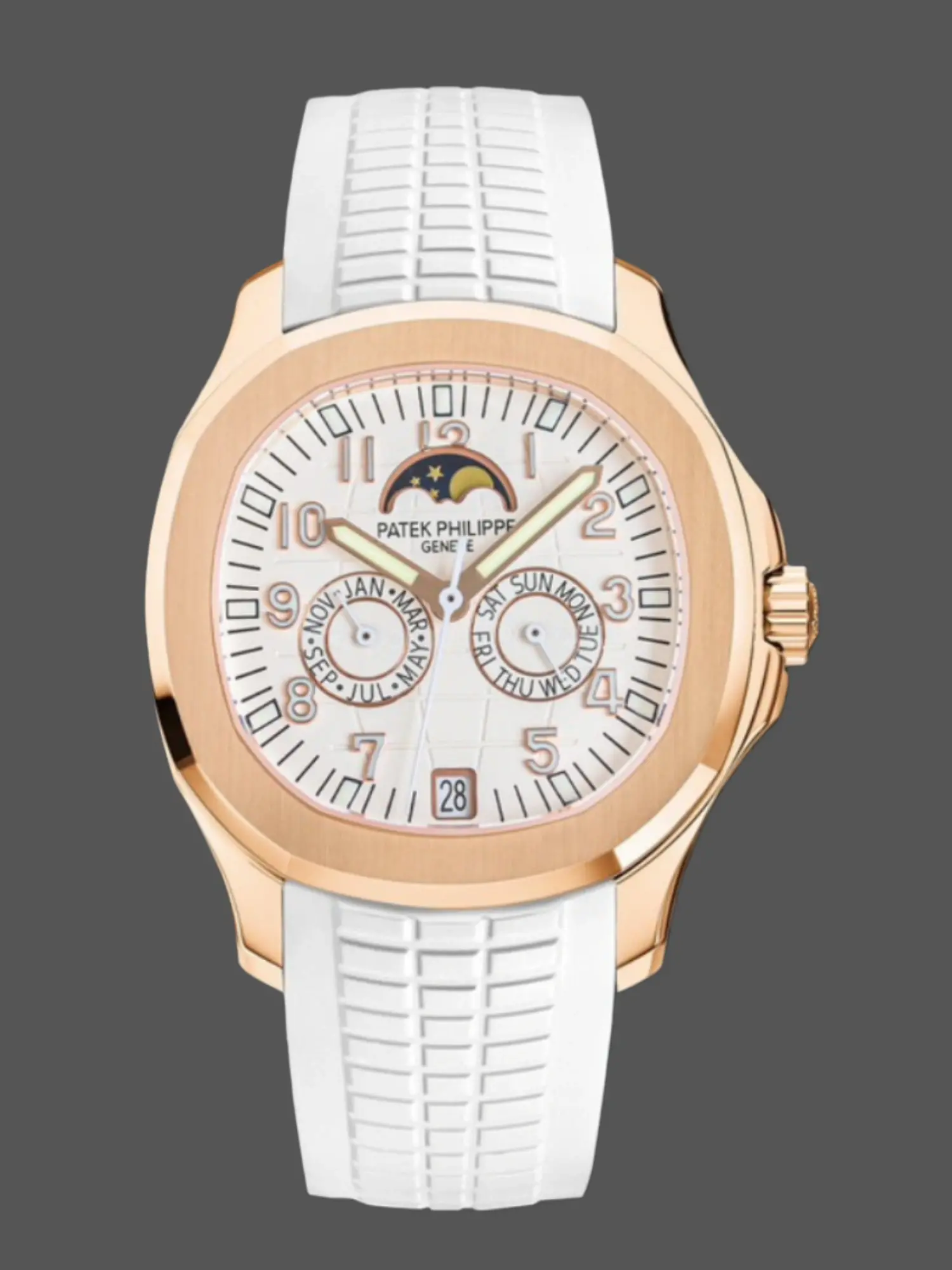 Front view of Patek Philippe 5261R showing white dial and moonphase display.
