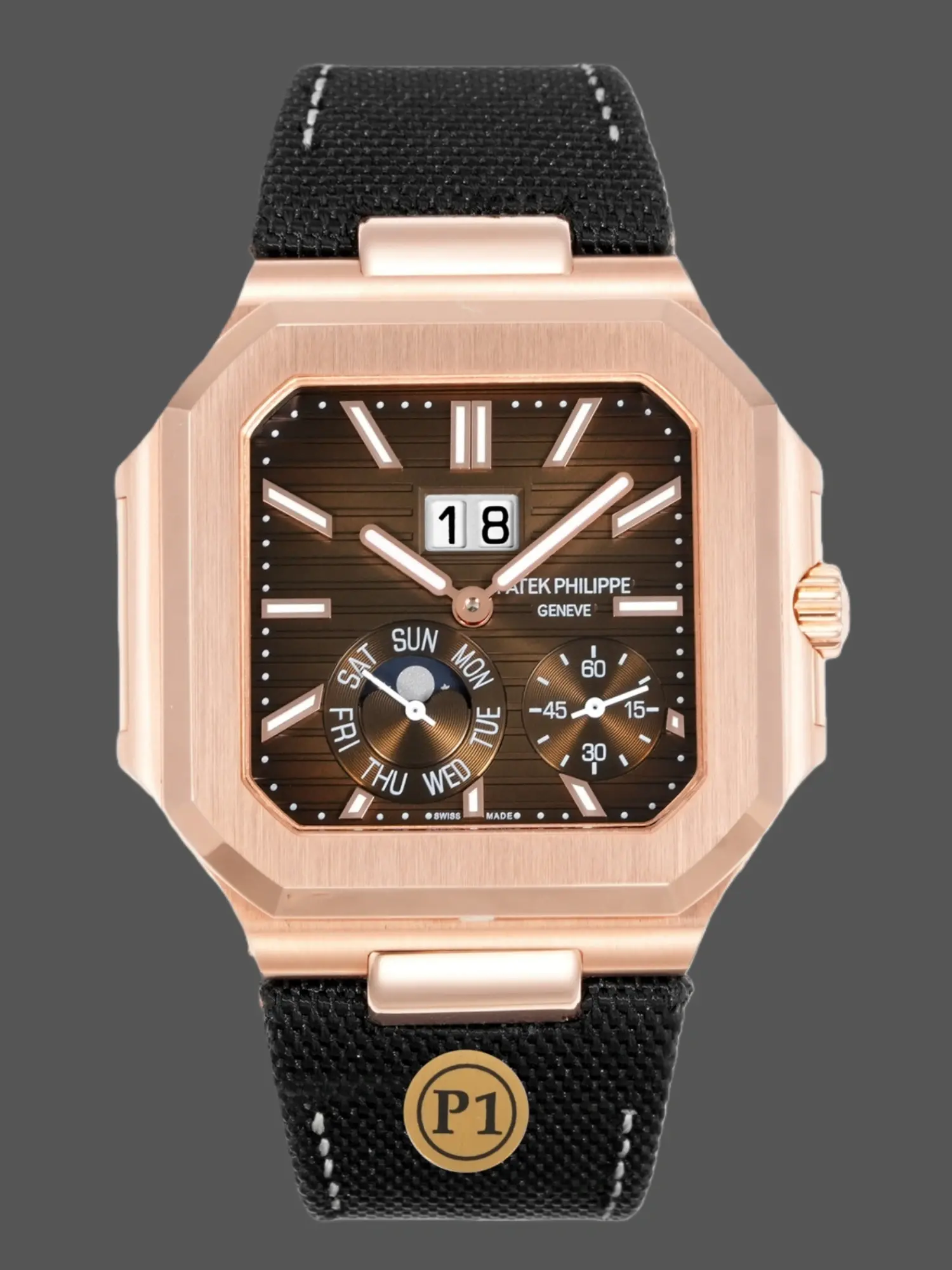 Front view of Patek Philippe 5822R replica showing brown dial and annual calendar layout.