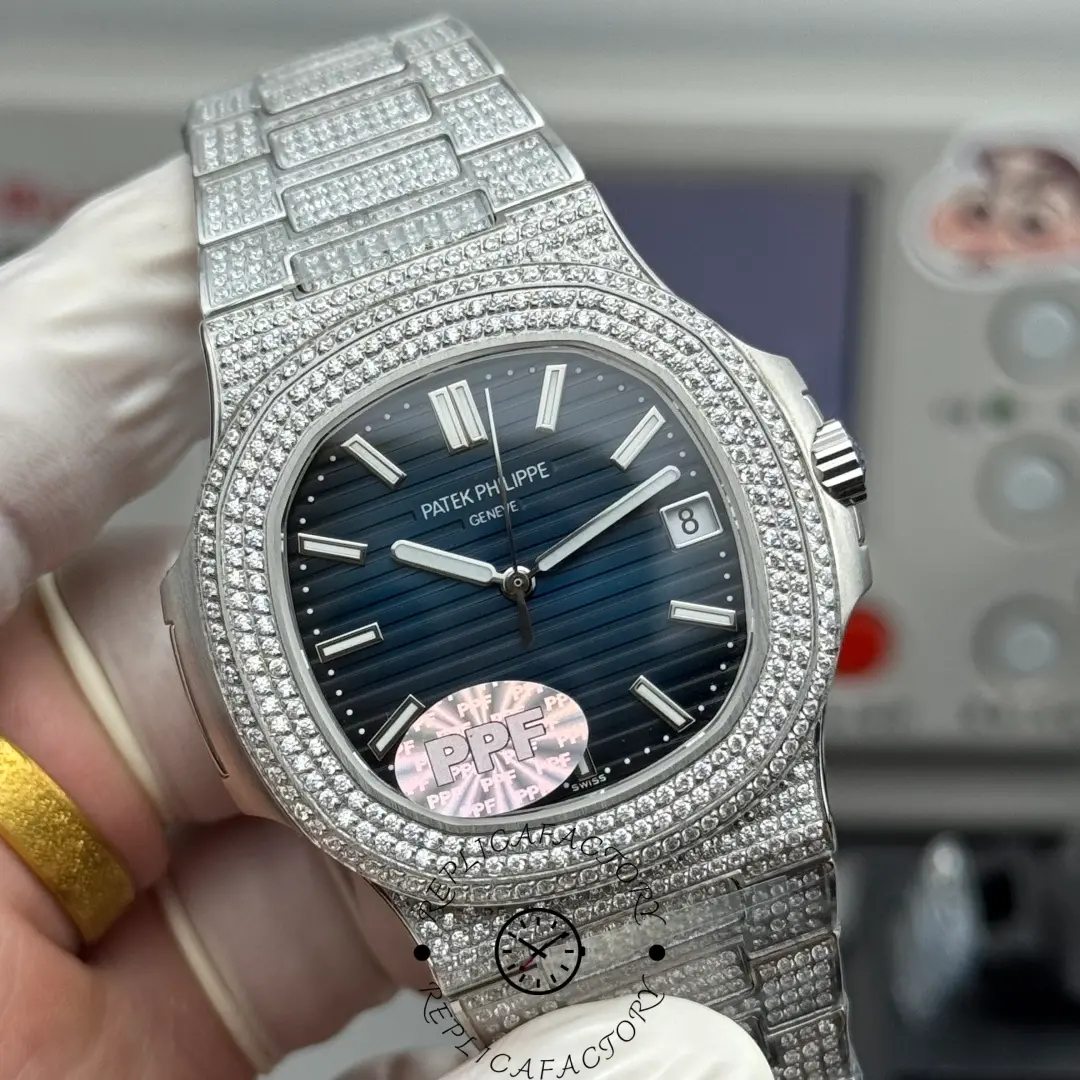 Angled view of Nautilus 5711 Custom Micro-Diamond Blue Dial replica highlighting bracelet diamonds.