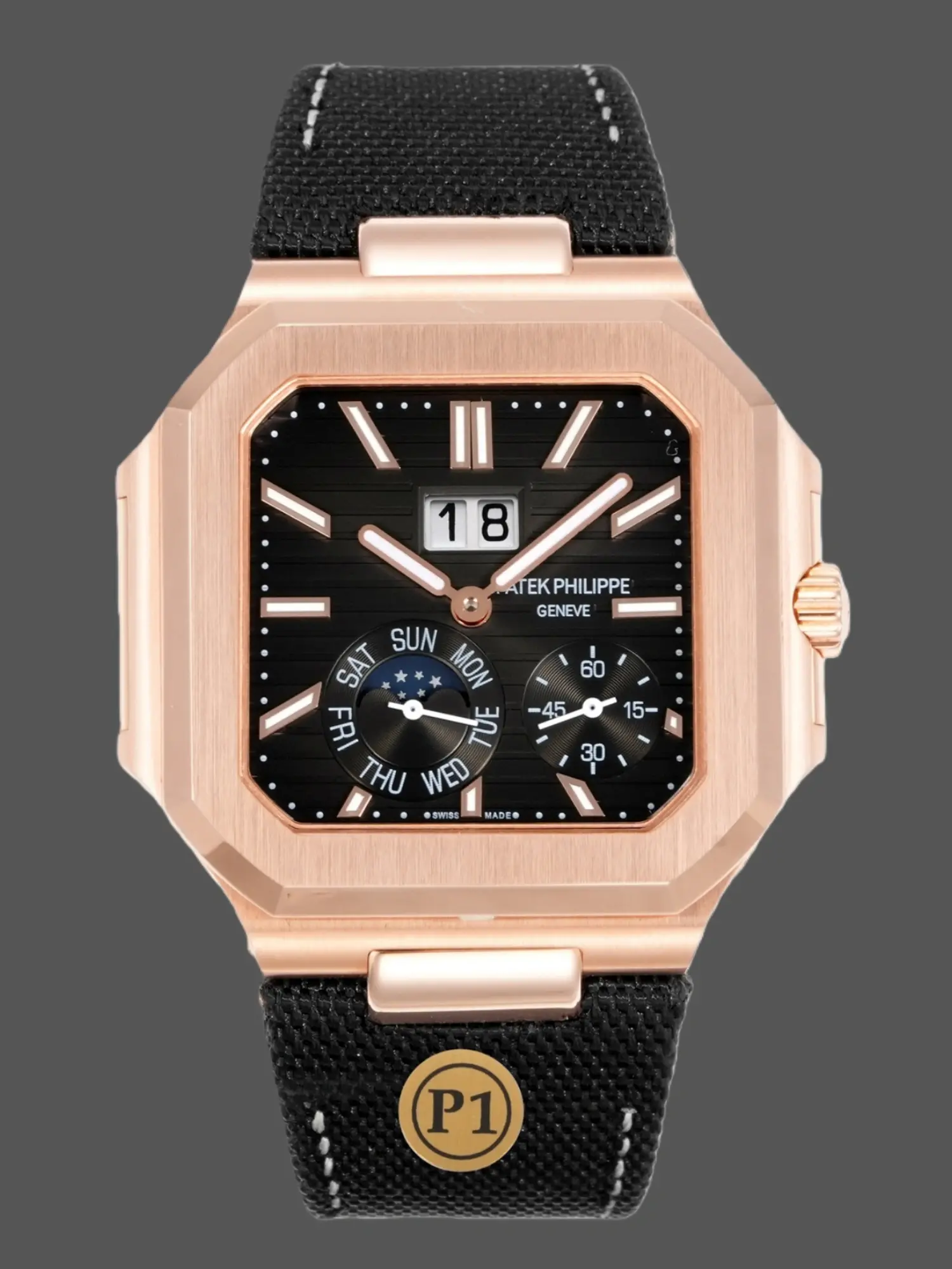 Front view of Patek Philippe 5822R replica showing black dial and rose gold octagonal case.