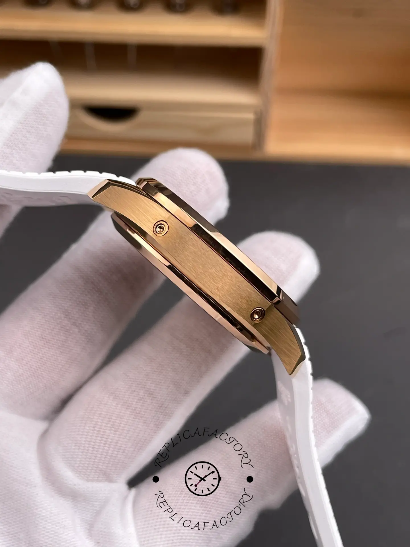 Side profile of Patek 5261R revealing case shape and brushed finish.