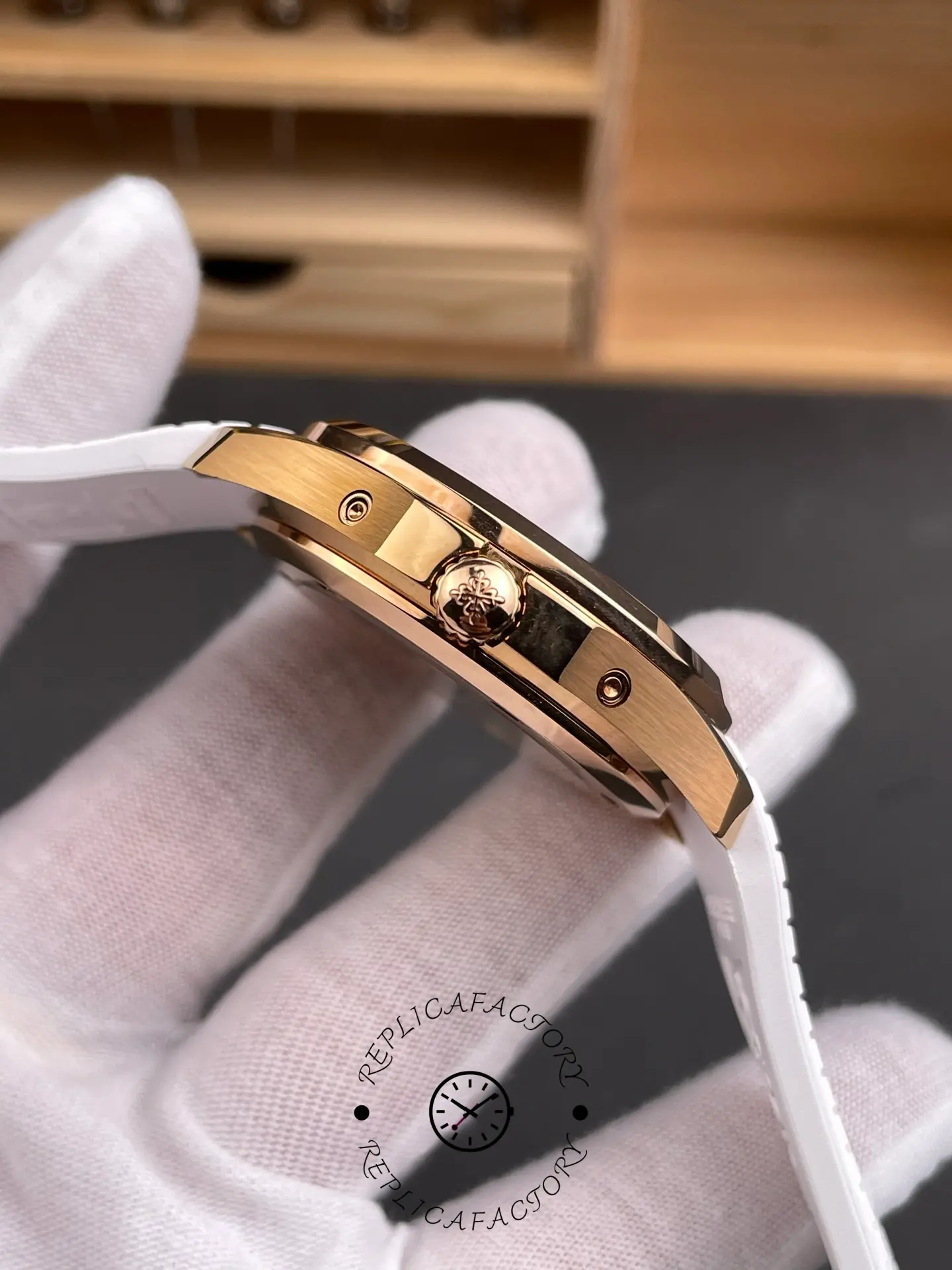 Crown-side view of 5261R featuring logo crown and polished case edges.