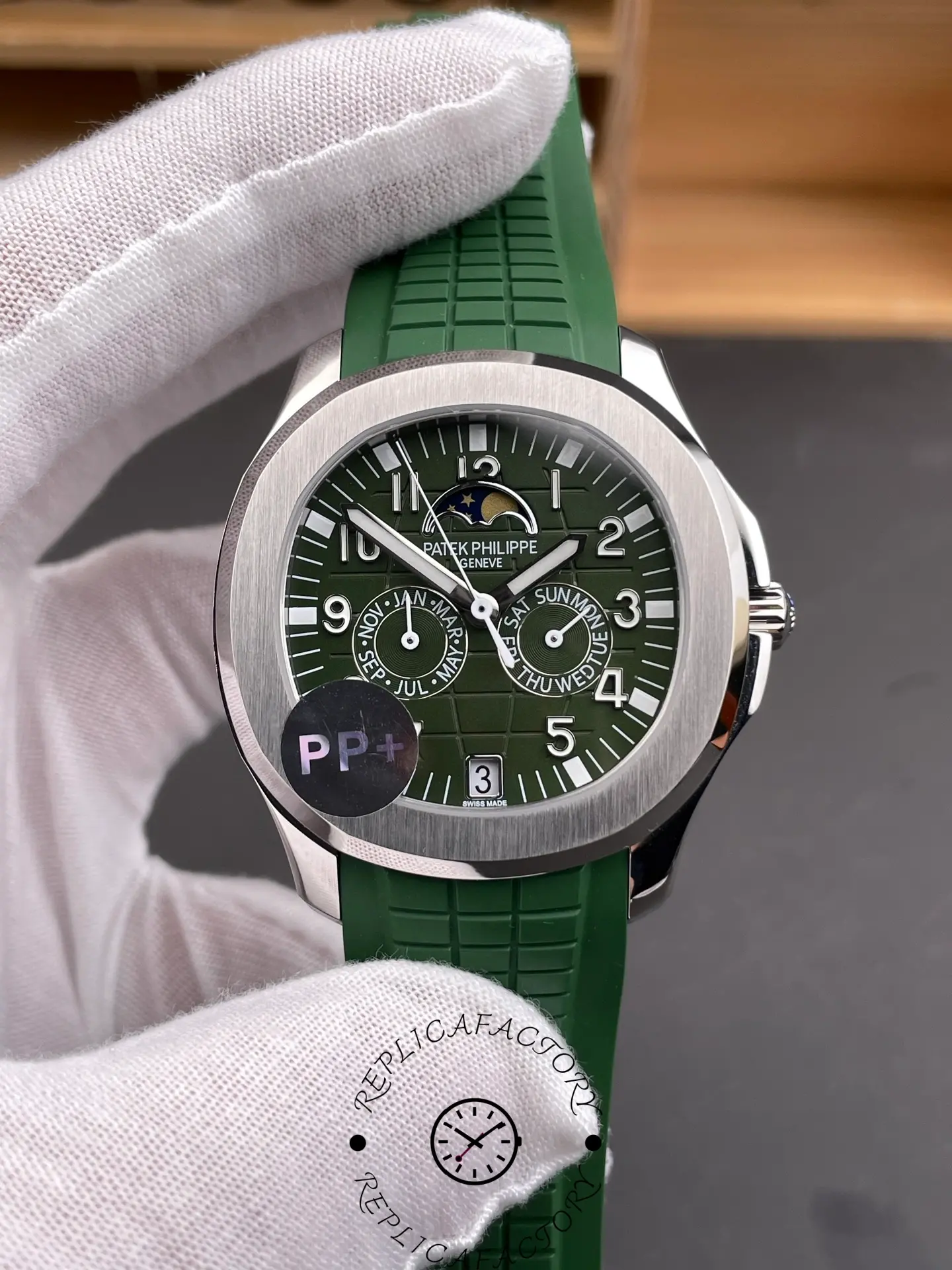 Front close-up of the Patek Philippe 5261R replica showing luminous markers.