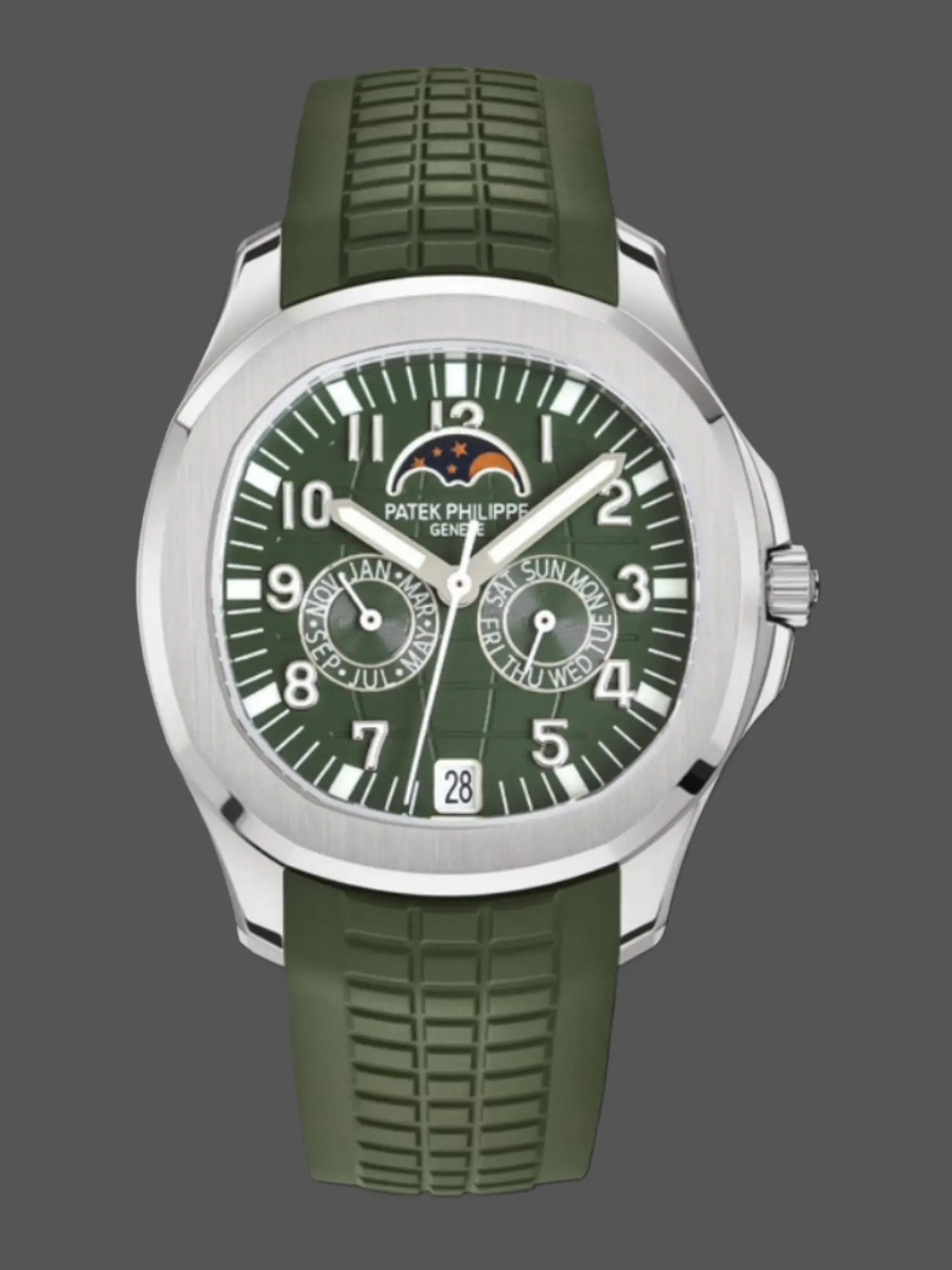 Front view of the Patek Philippe Aquanaut 5261R replica showing the green dial and calendar layout.