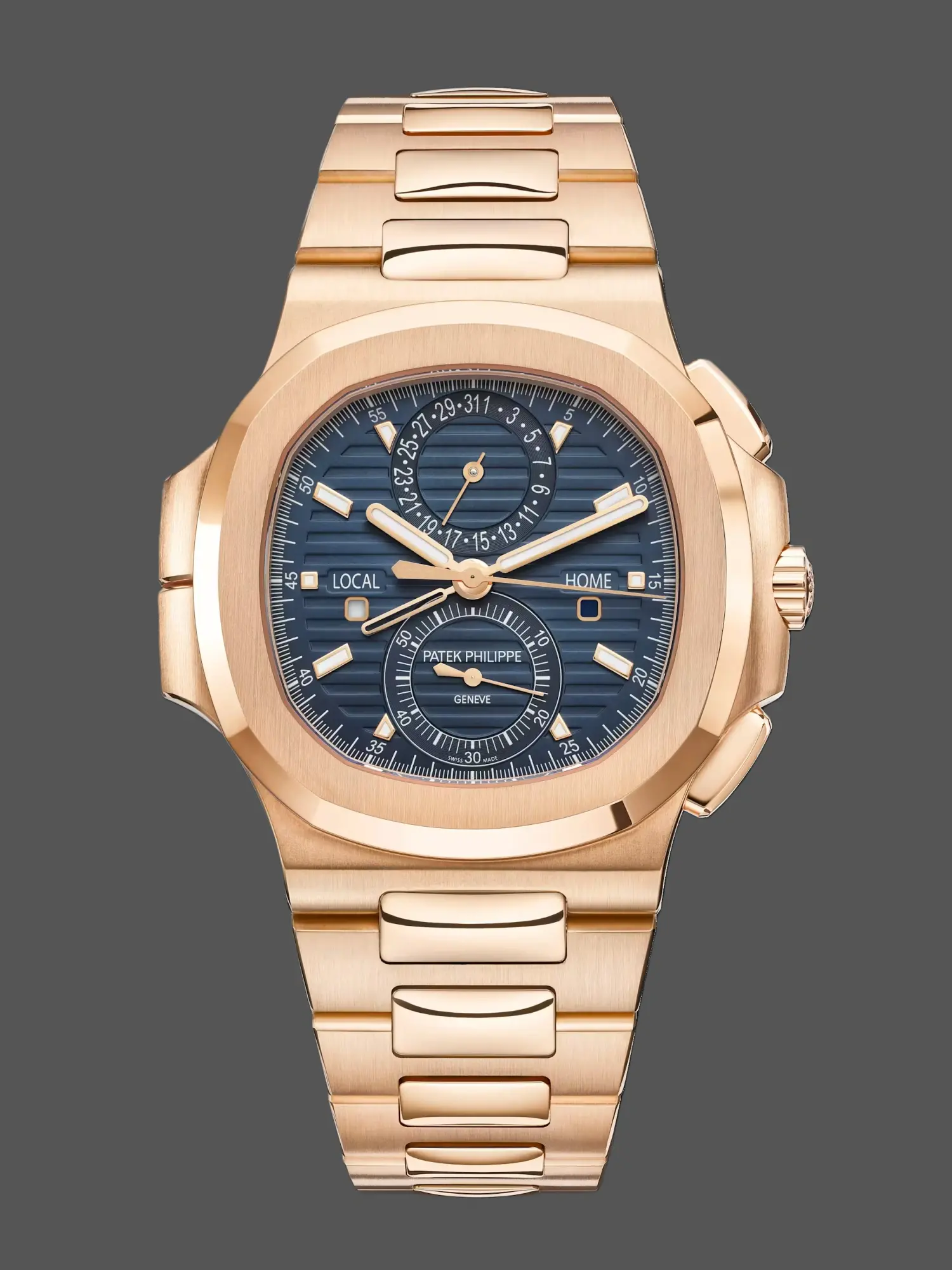 Front view of Patek Philippe 5990/1R-001 replica showing blue dial and rose gold case.