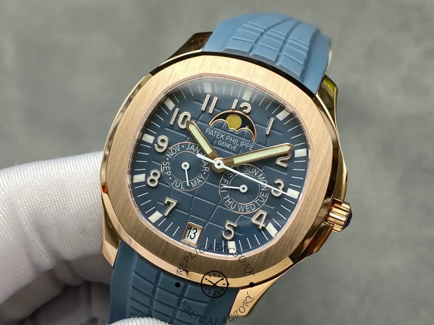 Detailed view of Patek Philippe 5261R-001 replica showing luminous hands and numerals.