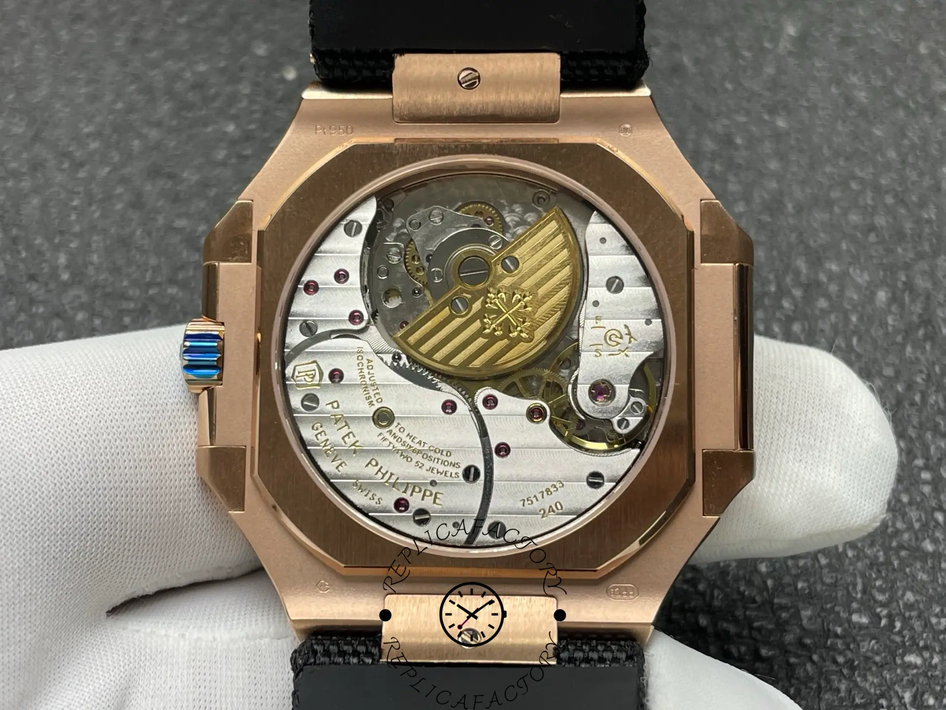 Exhibition case back of 5822R replica showing rotor and movement decoration.