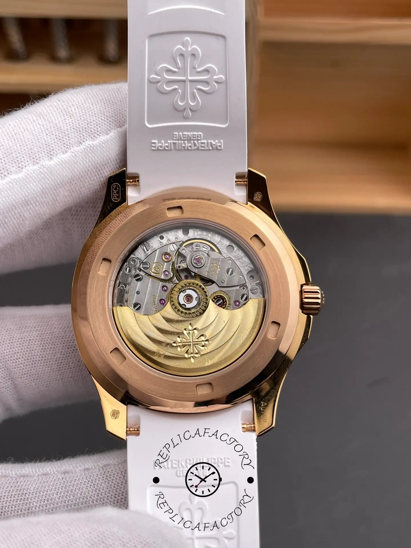 Exhibition caseback of 5261R showing replica automatic movement rotor.