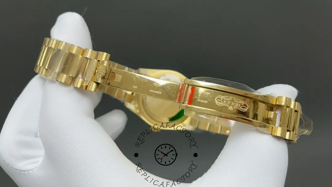 Open clasp view of Rolex 128238-VIO showing engraved clasp interior.