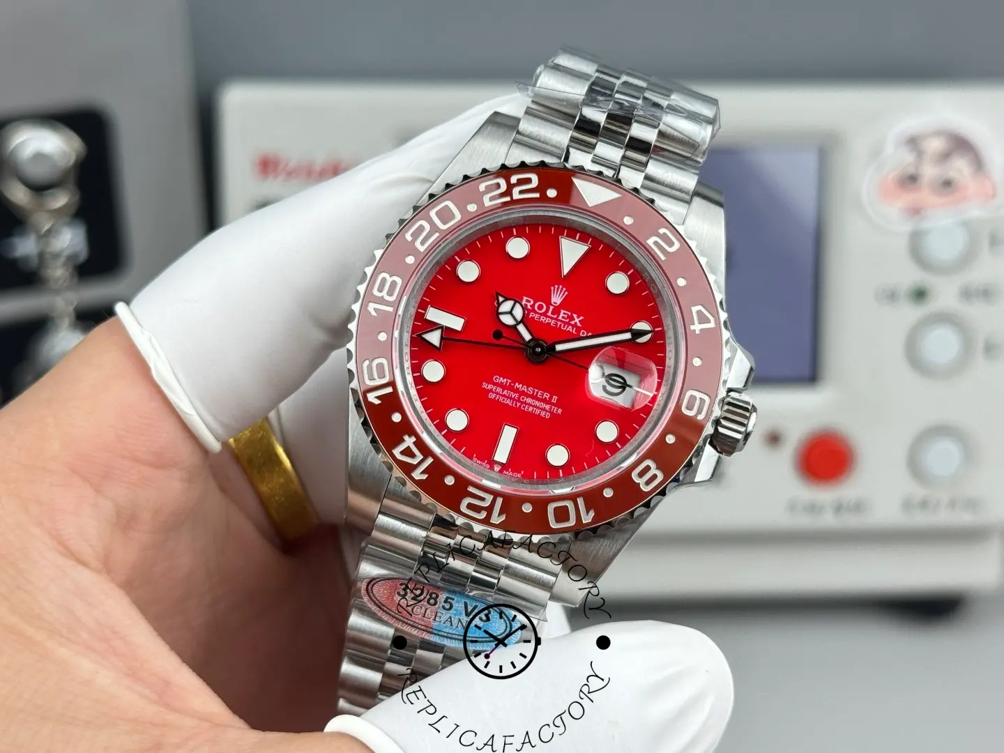 Angle view of Rolex GMT-Master II 126710 Red Edition replica highlighting polished case and bezel.