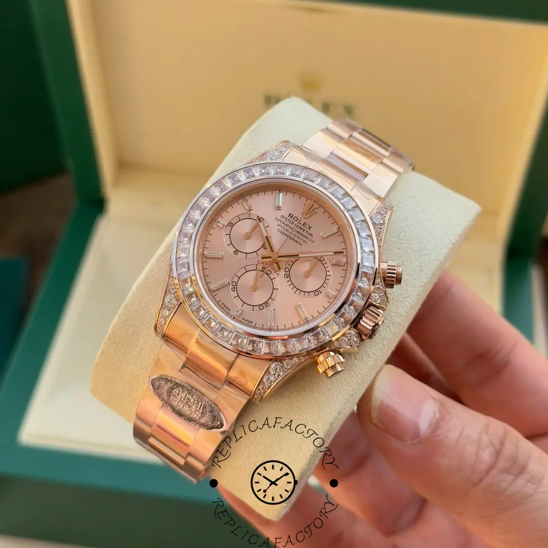 Angled view of Daytona 126595TBR replica highlighting chronograph subdials and pink finish.