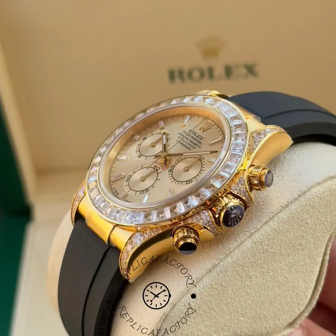 Detailed angled shot of Rolex Daytona 126538TBR replica diamond-set lugs.