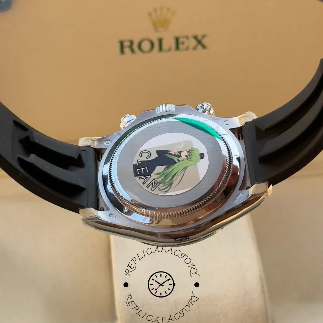 Rear view of Rolex Daytona 126589RBR showing caseback sticker and strap.