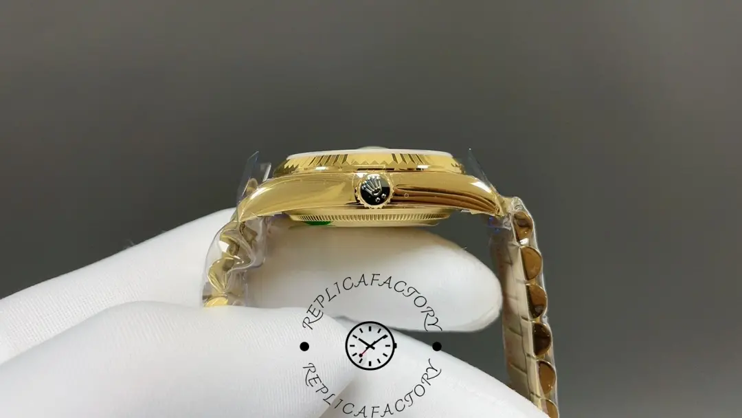 Crown-side view of Rolex 128238-VIO showing the gold case and crown logo.