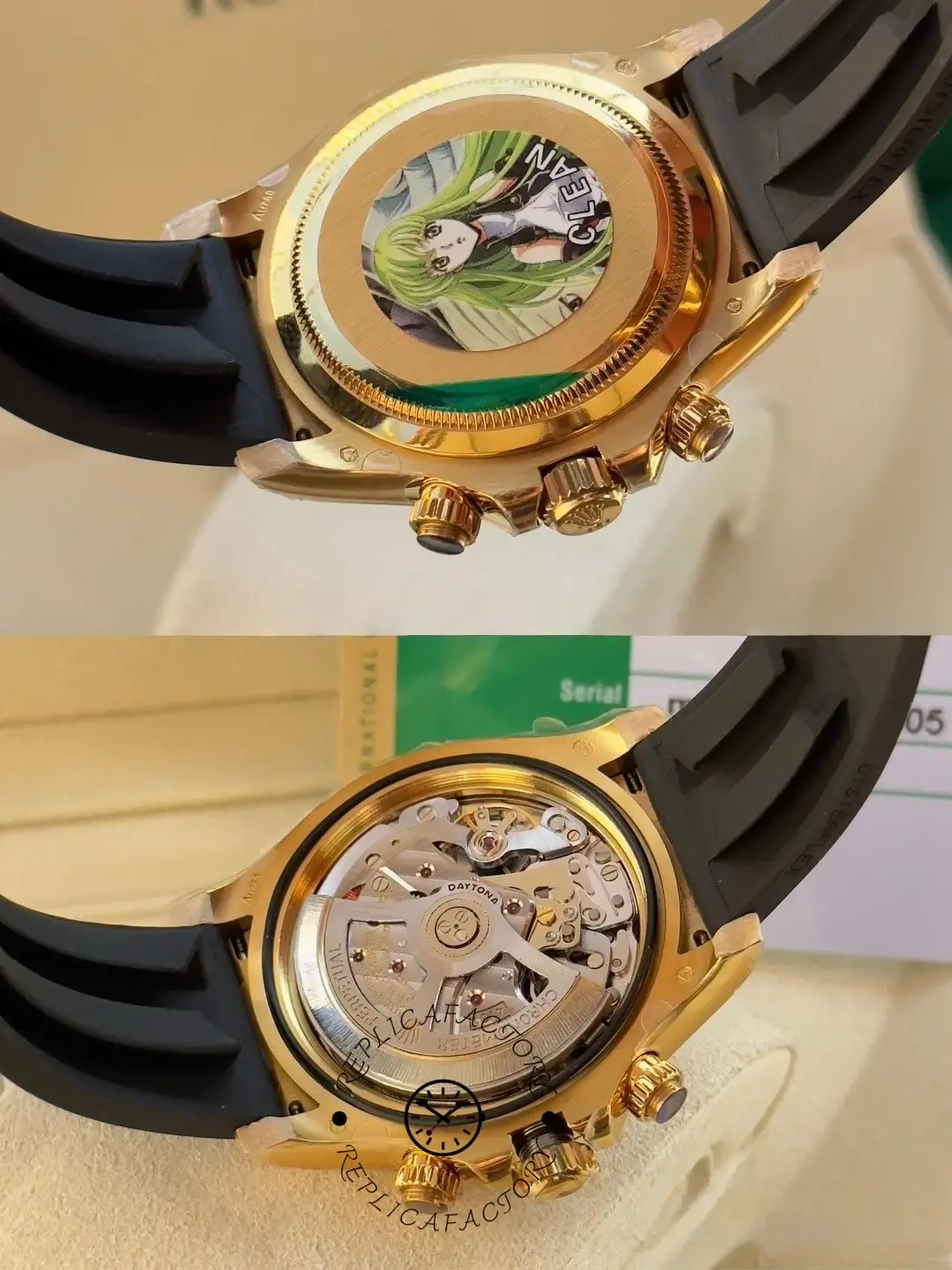 Caseback view of Rolex Daytona 126538TBR replica with decorative sticker.