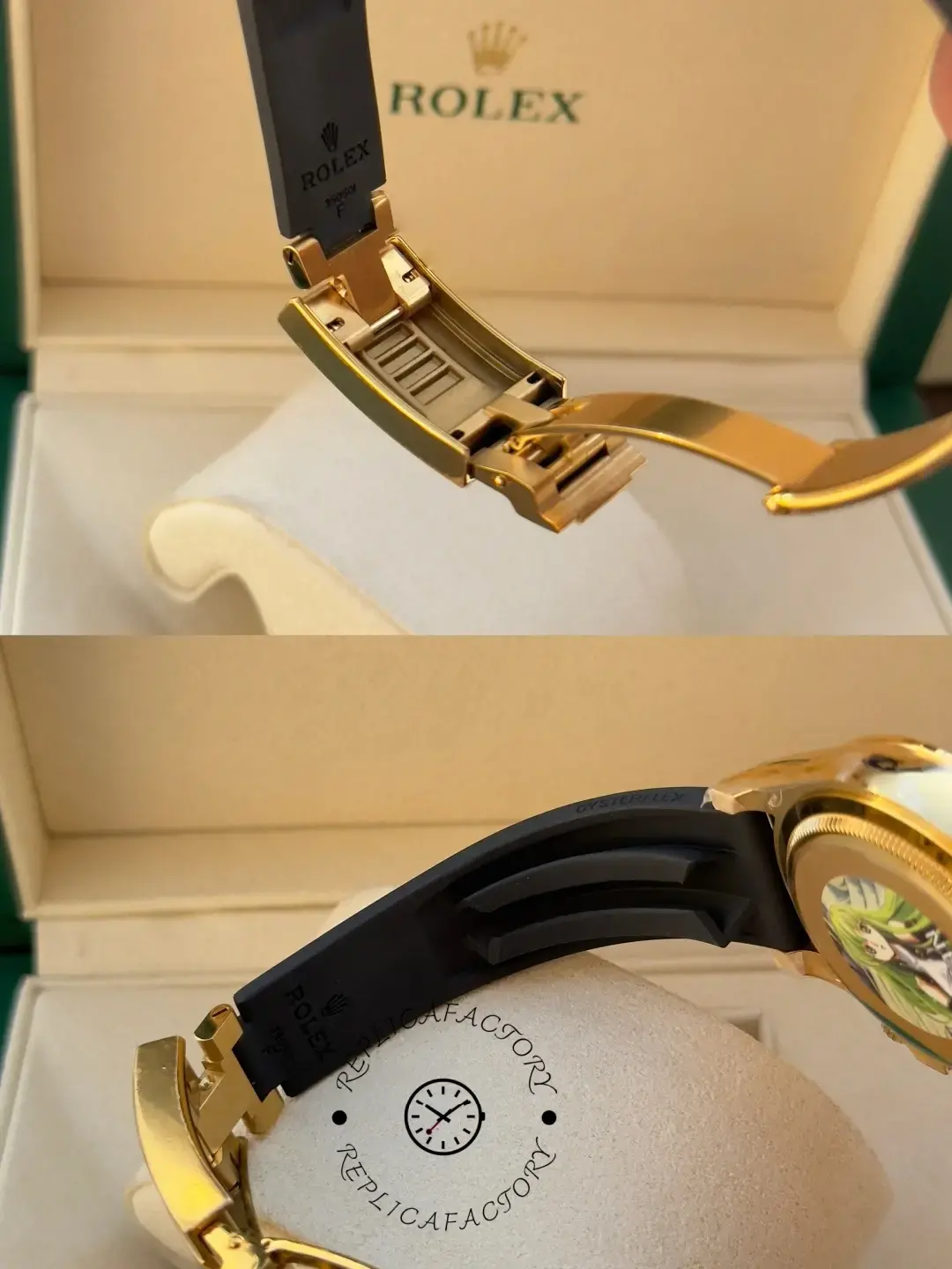 Inside view of Rolex Daytona 126538TBR replica clasp and rubber strap structure.