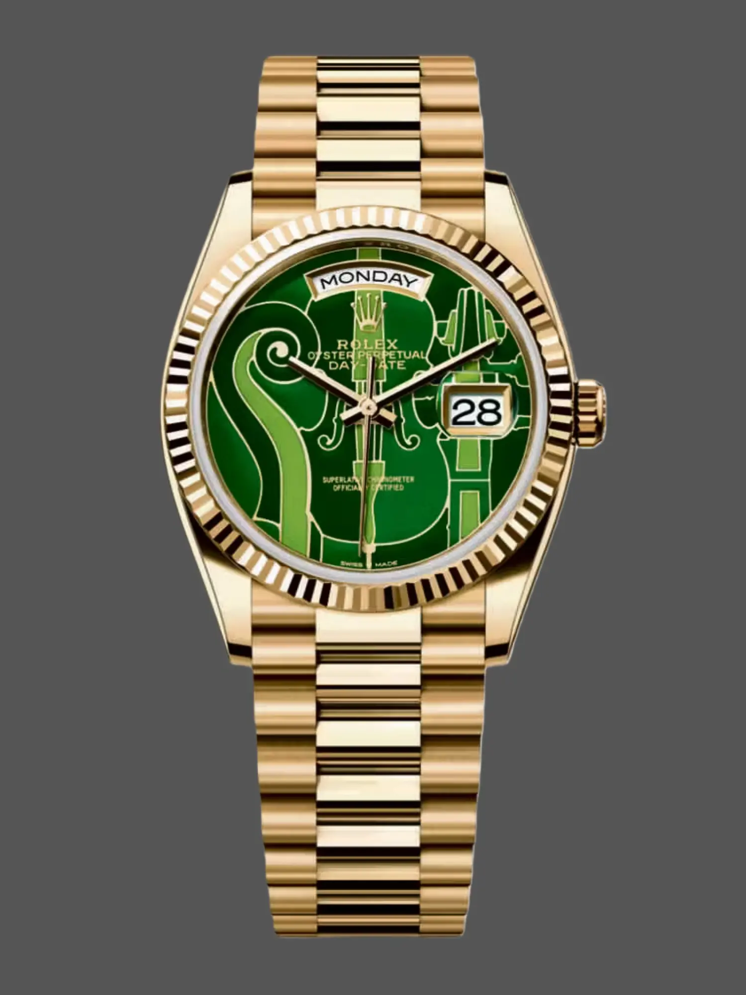 Front view of Rolex 128238-VIO Day-Date 36 with green Philharmonic dial and gold President bracelet.