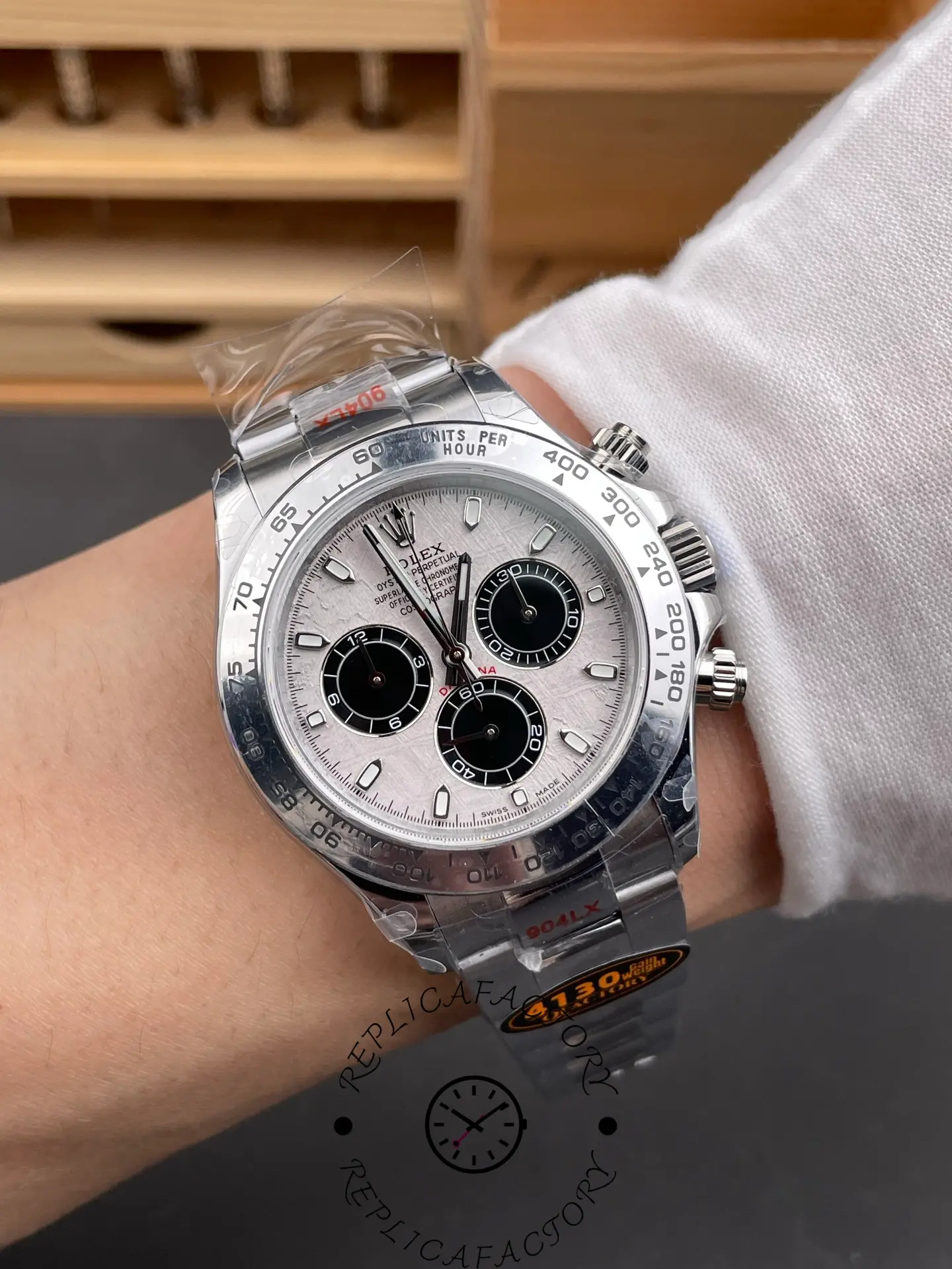 Wrist shot of Rolex Daytona 116509-0073 replica showing meteorite dial in use.