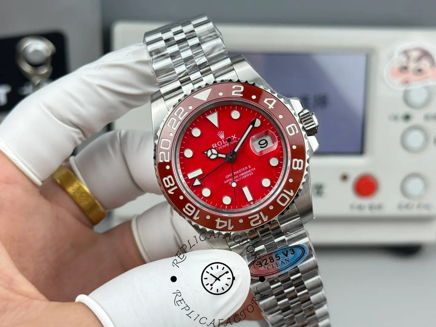 Close-up of Rolex GMT-Master II 126710 Red Edition replica emphasizing red dial and bezel markings.