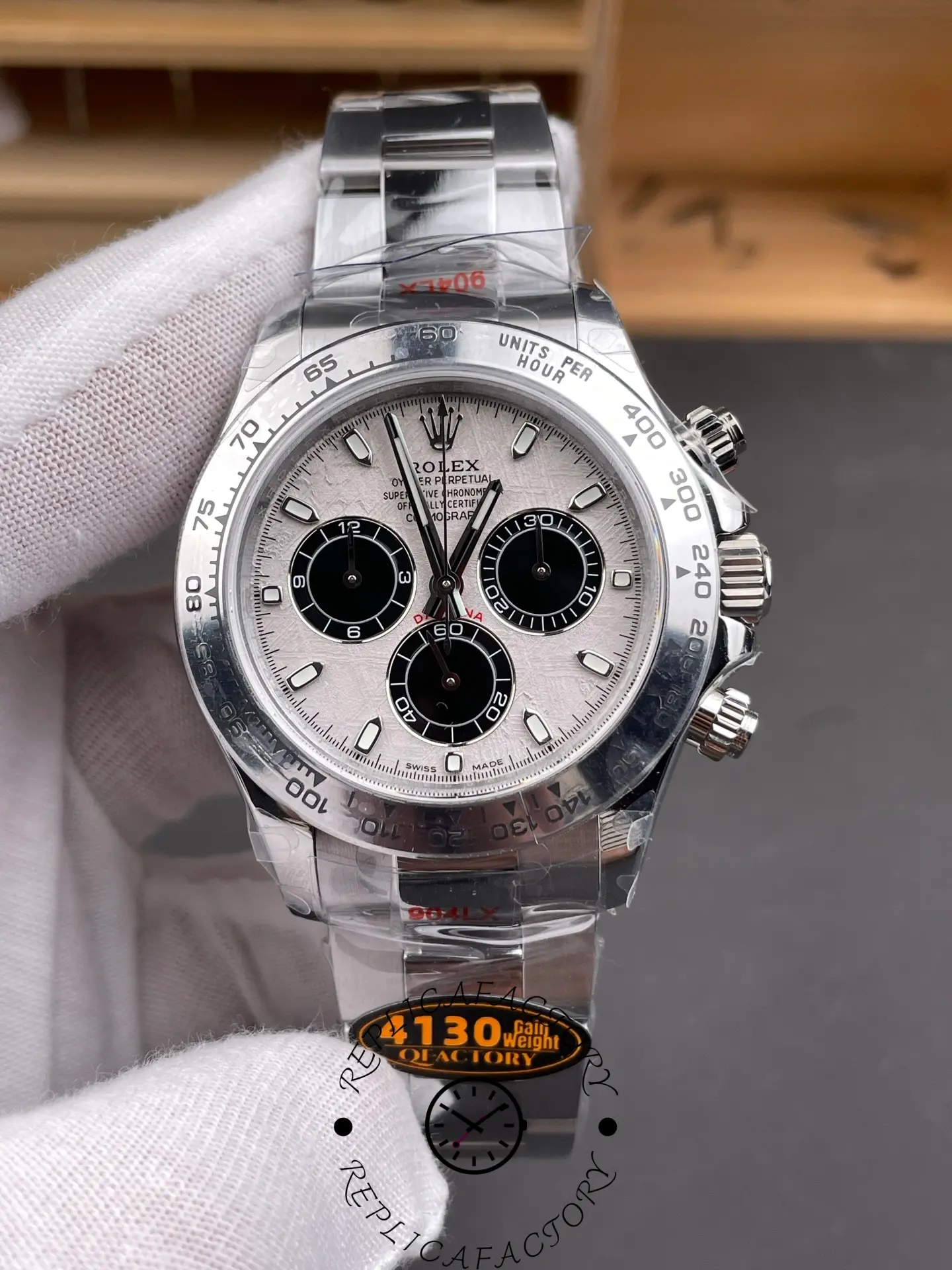 Close-up of Rolex Daytona 116509-0073 replica dial with detailed meteorite texture.