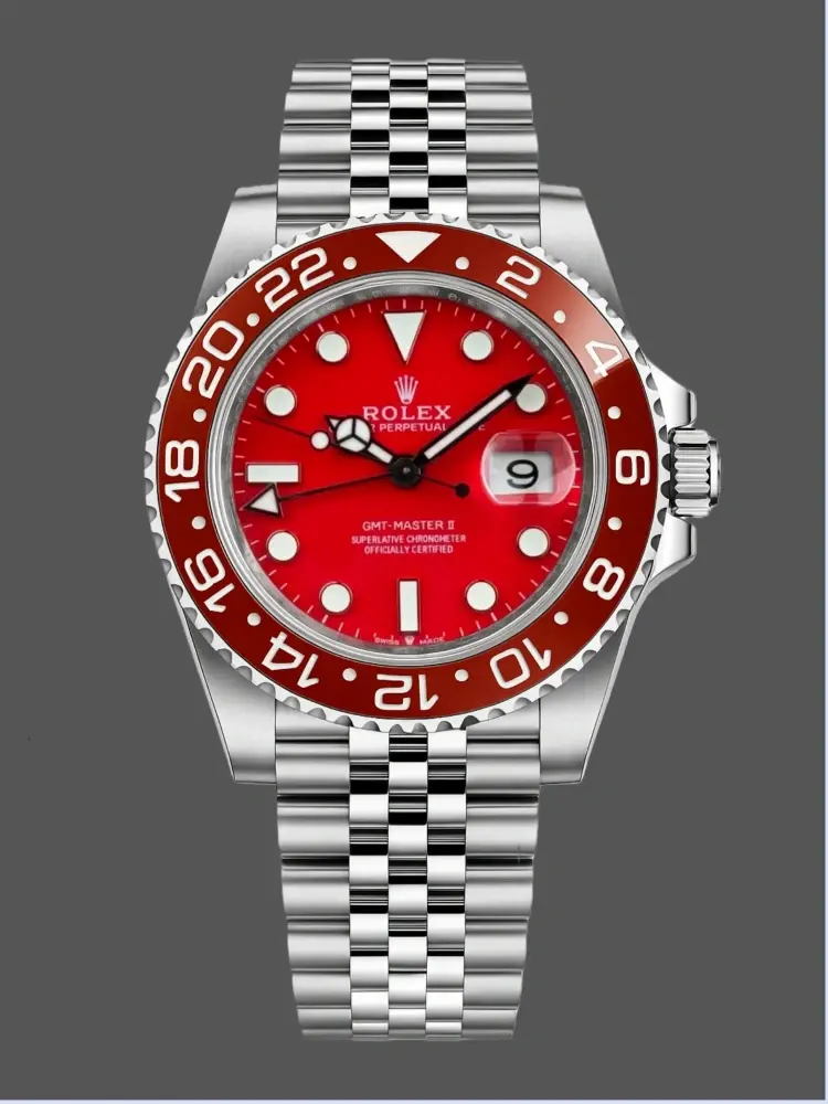 Front view of Rolex GMT-Master II 126710 Red Edition replica with red dial and ceramic bezel.