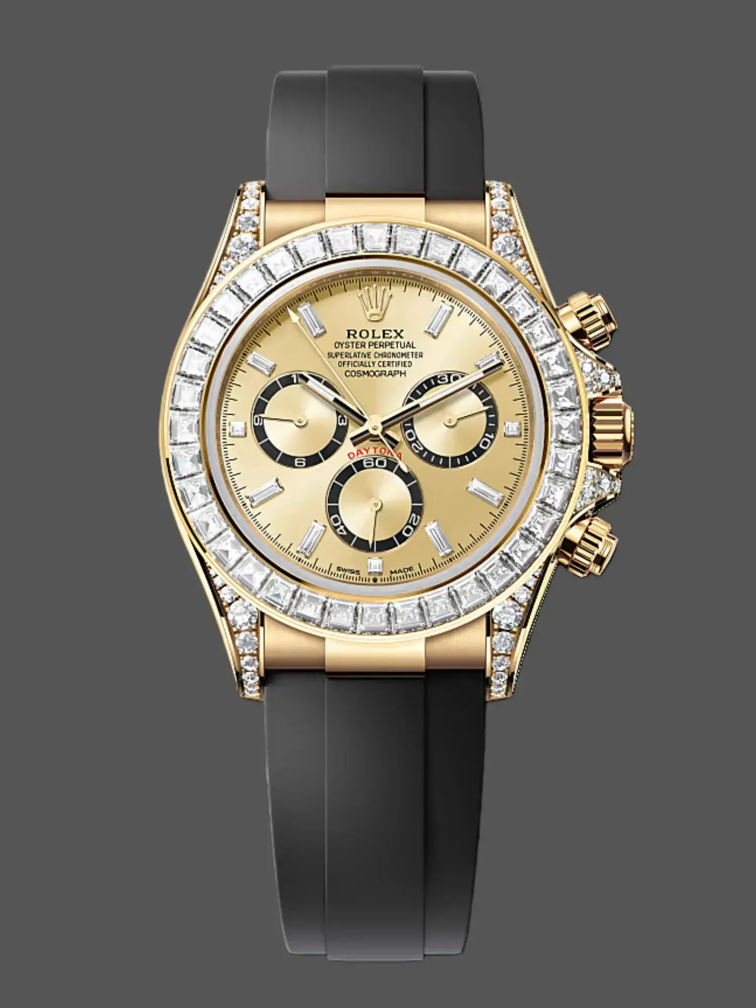 Front view of Rolex Daytona 126538TBR replica with gold dial and baguette diamond bezel.