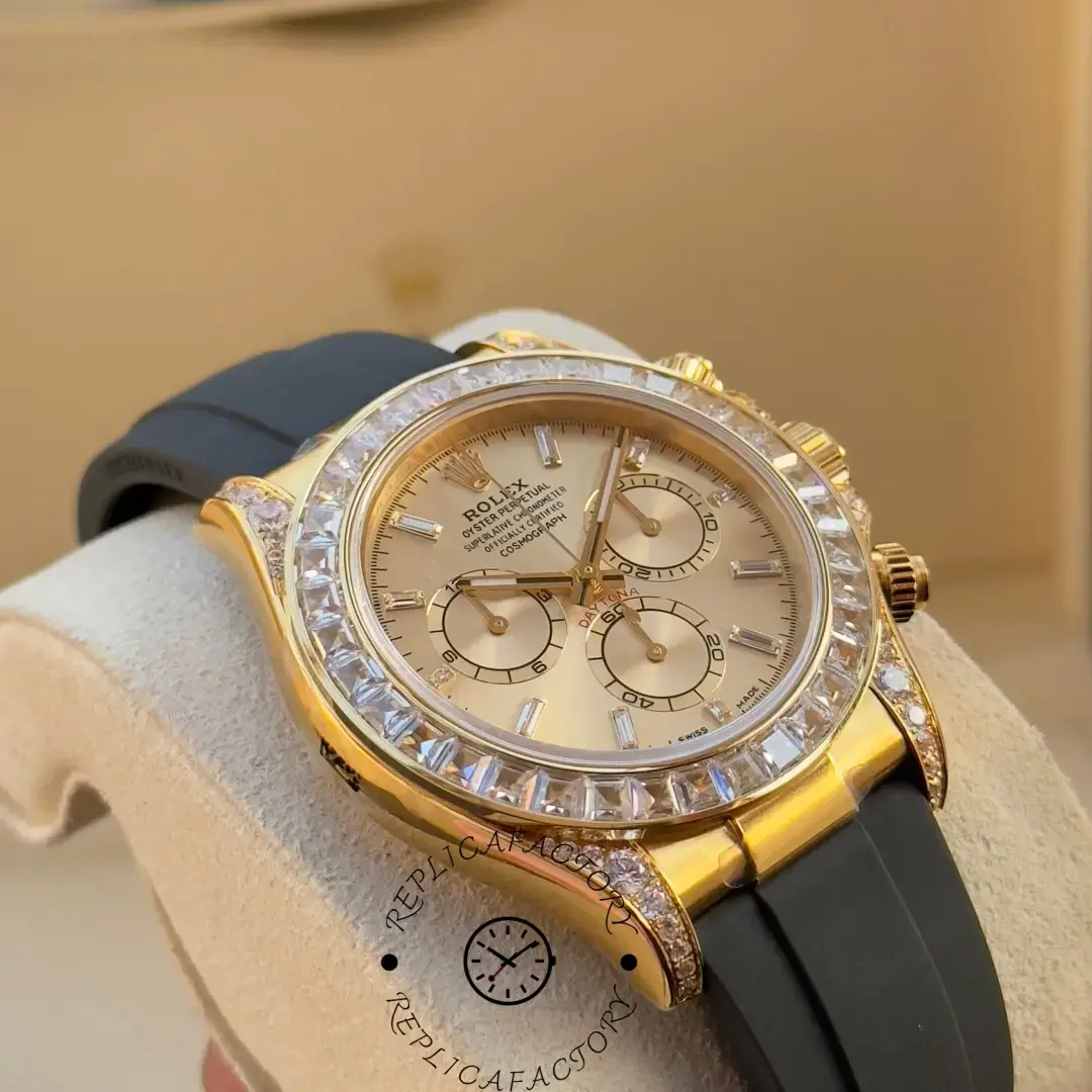 Angled close-up of the Rolex Daytona 126538TBR replica showing gold dial, baguette bezel and Oysterflex strap.