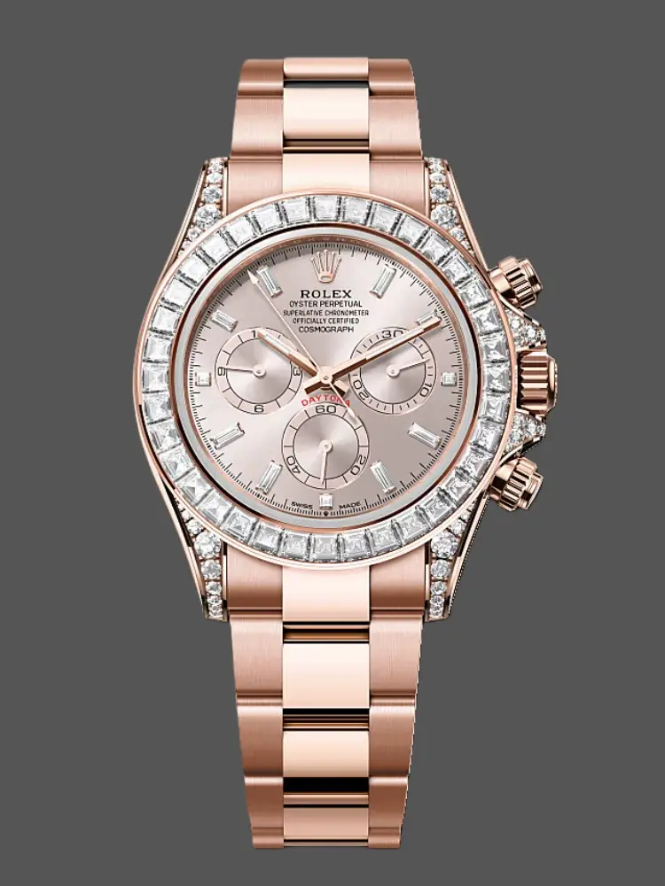 Front view of the Rolex Daytona 126595TBR replica showing pink dial and diamond bezel.