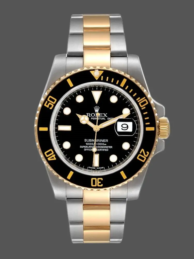 Front view of Rolex Submariner 116613LN 1:1 clone showing black dial and two-tone bracelet.