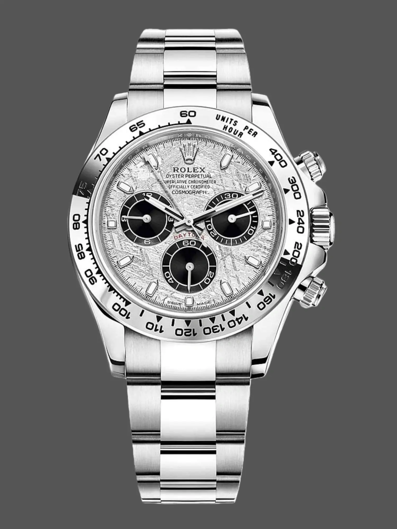 Front view of Rolex Daytona 116509-0073 replica showing meteorite dial and black sub-dials.