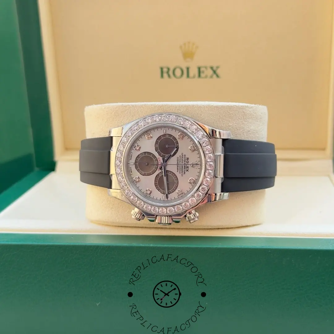 Horizontal view of Rolex Daytona 126589RBR on display cushion.