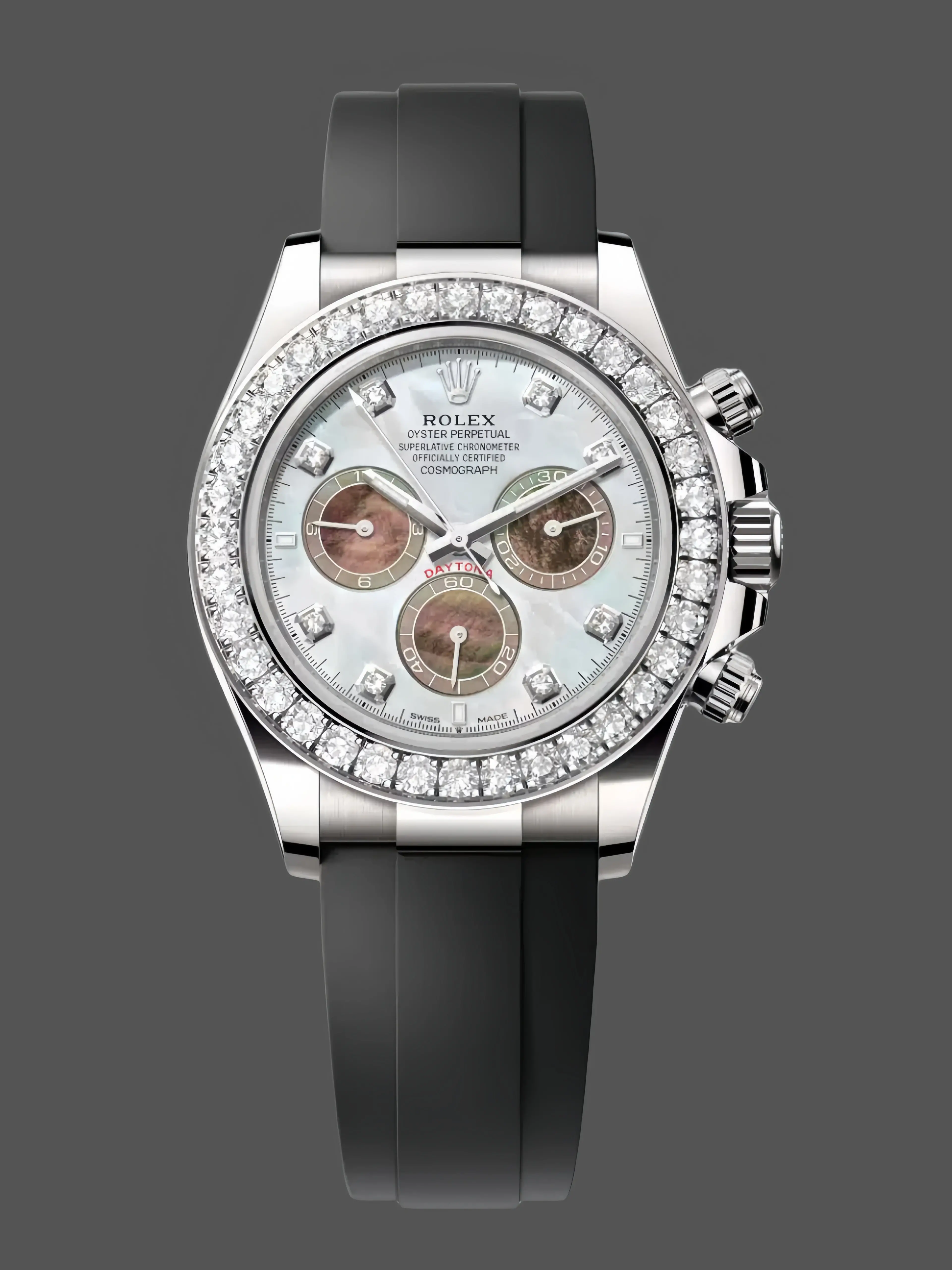 Front view of the Rolex Daytona 126589RBR showing MOP dial and diamond bezel.