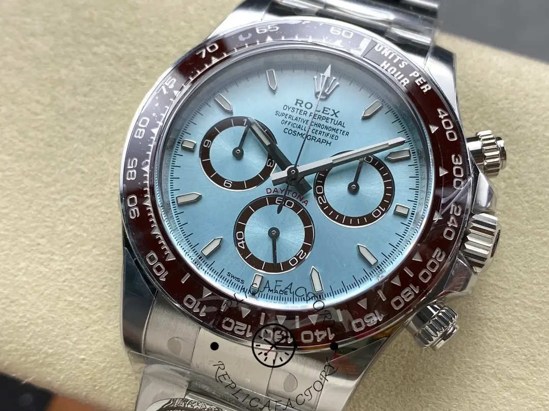 Angled view of Rolex Daytona 126506 highlighting dial details and polished platinum case.