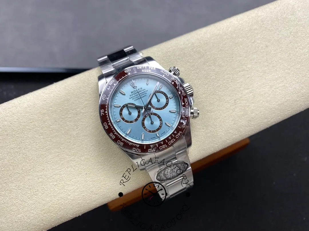 Full watch view of Rolex Daytona 126506 on cushion showing ice-blue dial and platinum bracelet.