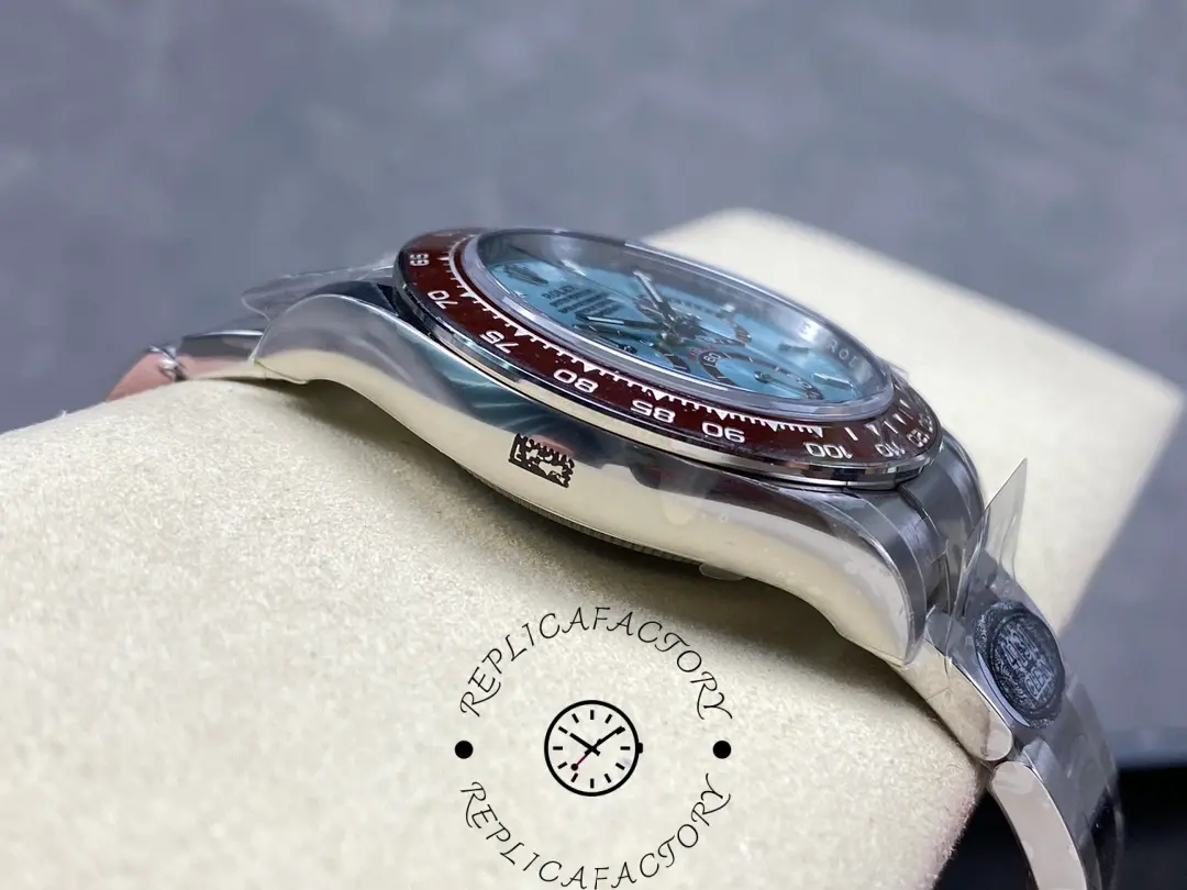 Side profile of Rolex Daytona 126506 showing polished platinum case and bezel edge.