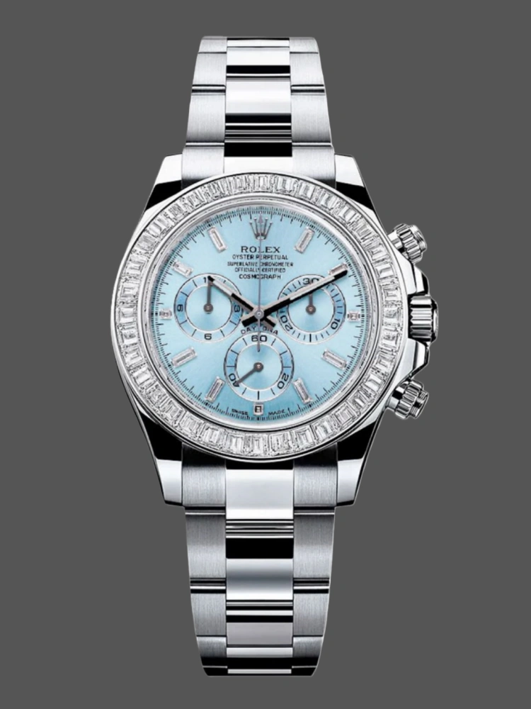 Front view of the Rolex Daytona 116576TBR showing ice-blue dial and diamond-set bezel.