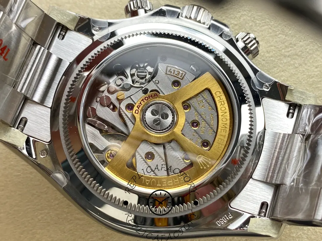 Exhibition caseback view of Rolex Daytona 126506 showing 4131 movement and gold rotor.