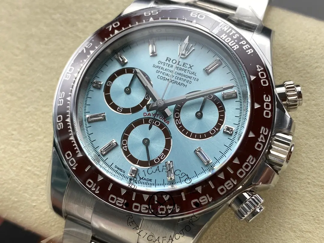 Angled view of the Rolex Cosmograph Daytona 126506 highlighting the ice-blue dial and polished bezel.
